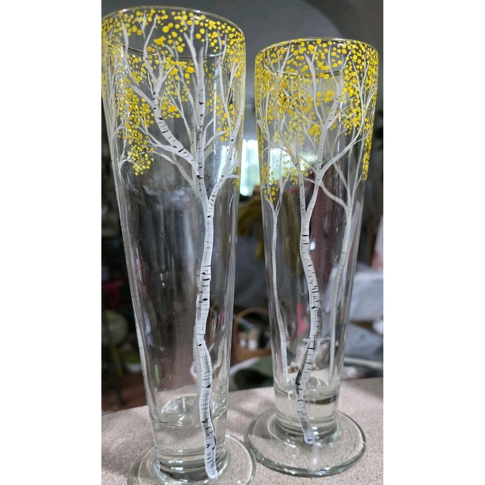 Hand-Painted Birch Tree Pilsner Glasses‎ Set of 2 Autumn Yellow Forest Design - Picture 5 of 7